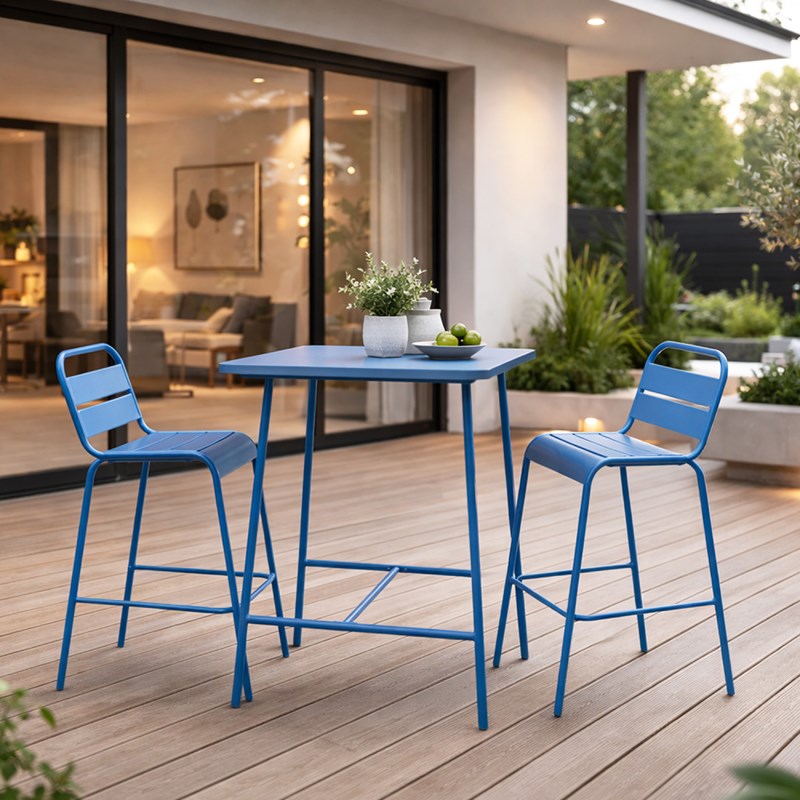 Bergame ensemble table de bar et 2 chaises hautes d'extérieur bleu