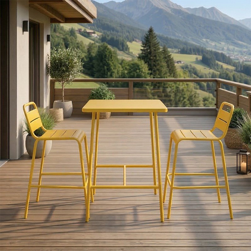 Bergame ensemble table de bar et 2 chaises hautes d'extérieur jaune