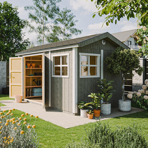 Abri de jardin qualité premium 8,68m² 252x250x412cm bardeaux bitumineux gris