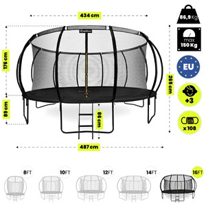 Trampoline géant xxl 487cm (16ft) de jardin- ultra robuste avec filet et échelle