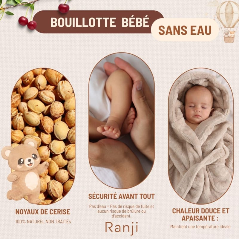 Bouillotte bébé noyaux de cerise ourson (Ranji) - Image 3