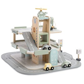 Garage en bois 3 niveaux avec voitures et hélicoptère