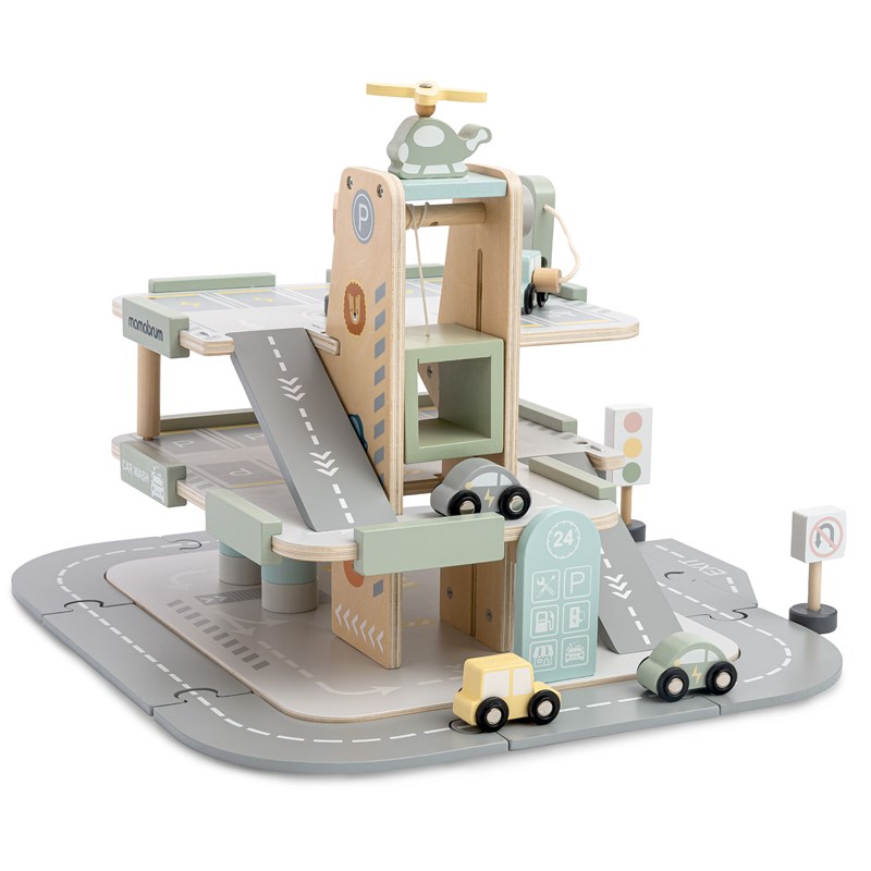 Garage en bois 3 niveaux avec voitures et hélicoptère