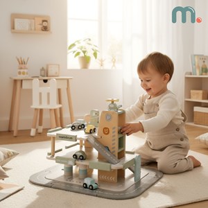 Garage en bois 3 niveaux avec voitures et hélicoptère