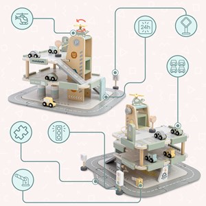 Garage en bois 3 niveaux avec voitures et hélicoptère