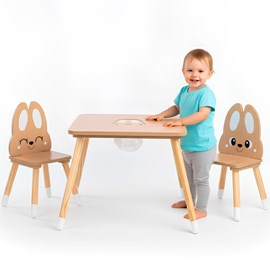 Table enfant bois avec rangement + 2 chaises lapin