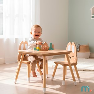 Table enfant bois avec rangement + 2 chaises lapin