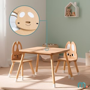 Table enfant bois avec rangement + 2 chaises lapin