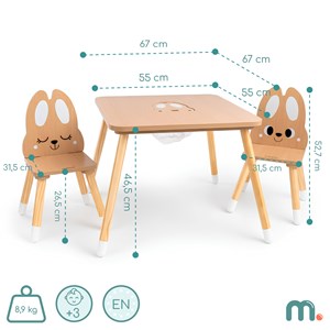 Table enfant bois avec rangement + 2 chaises lapin