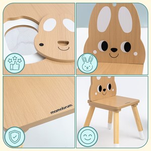 Table enfant bois avec rangement + 2 chaises lapin