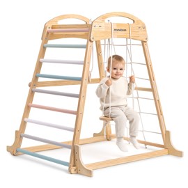 Aire de jeux bois intérieure avec balançoire et escalade