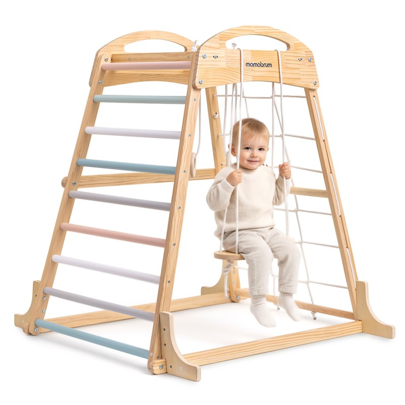 Aire de jeux bois intérieure avec balançoire et escalade