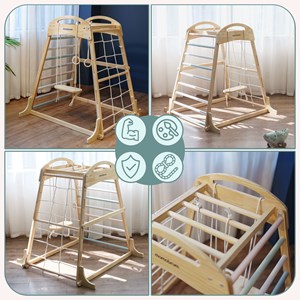 Aire de jeux bois intérieure avec balançoire et escalade