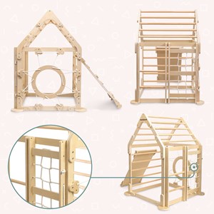 Aire de jeux bois maison avec toboggan et escalade