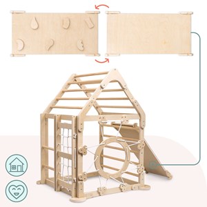 Aire de jeux bois maison avec toboggan et escalade