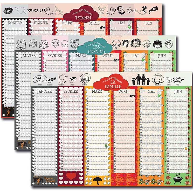 Pack de 3 calendriers perpétuels anniversaires - famille couple et copains - a3