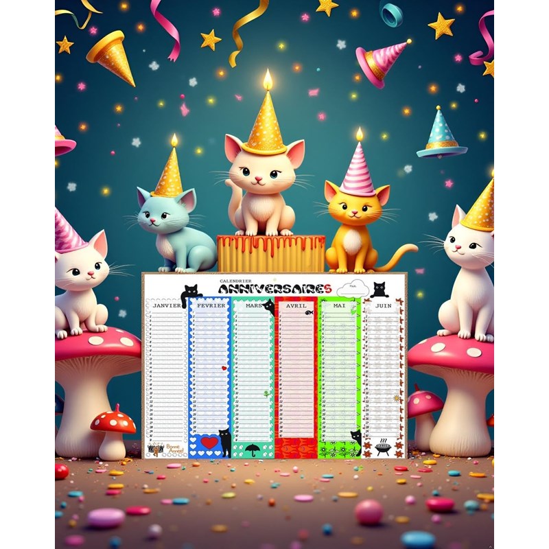 Calendrier perpétuel anniversaires motif chat – format a3 – inscriptible