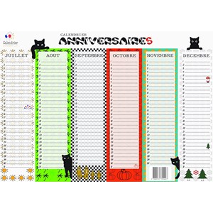 Calendrier perpétuel anniversaires motif chat – format a3 –  inscriptible