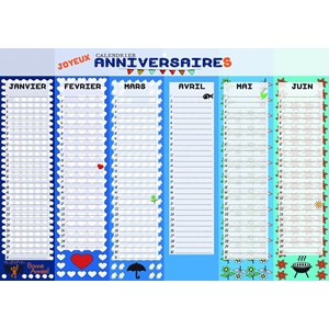 Calendrier perpétuel anniversaires bleu – format a3 –  inscriptible