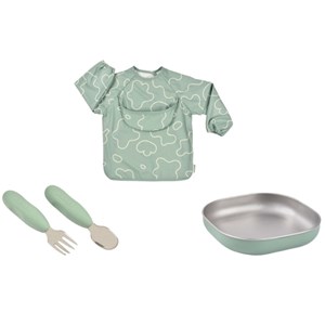 Coffret cadeau set repas couverts et bavoir vert sauge