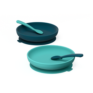 Lot d'assiettes ventouse & couverts bleu