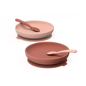 Lot d'assiettes ventouse & couverts rose