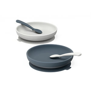 Lot d'assiettes ventouse & couverts gris