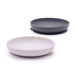 Lot d'assiettes ventouse & couverts gris