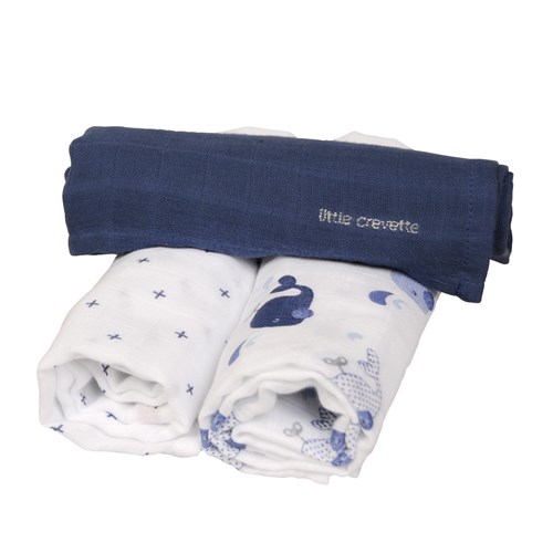 Little Crevette - Lot de 3 langes coton bio baleine
