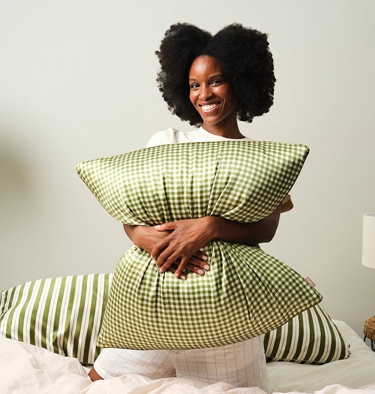 Taie d'oreiller en soie vichy vert 65x65