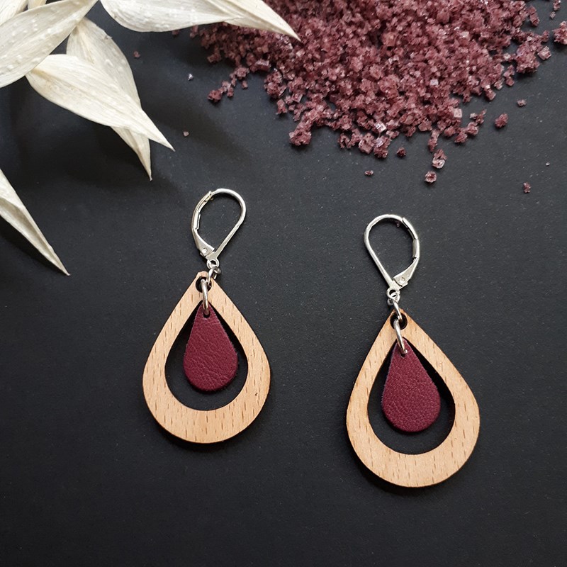 Boucles amande prune en bois et cuir
