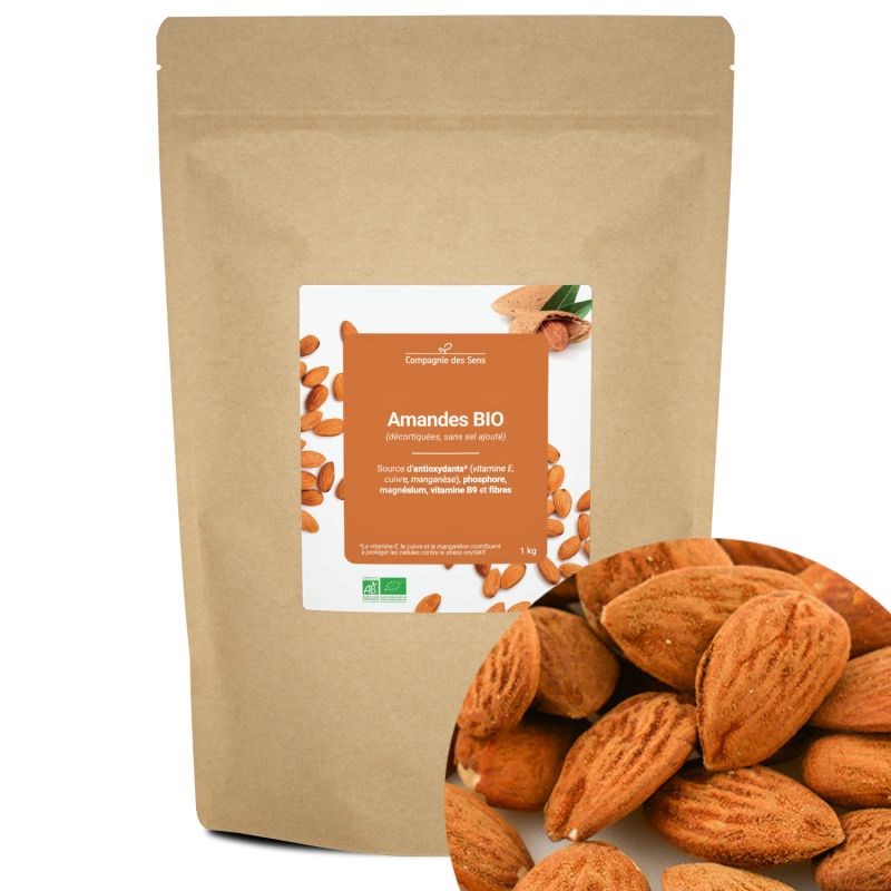 Amandes bio - 1kg (décortiquées, sans sel ajouté) - source d'antioxydants