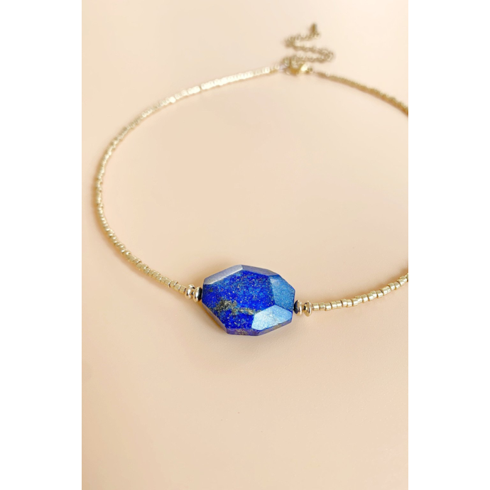 Collier Vintage Lapis Lazuli Et Perles Dorées - Longueur 41-45cm, Pierres Naturelles