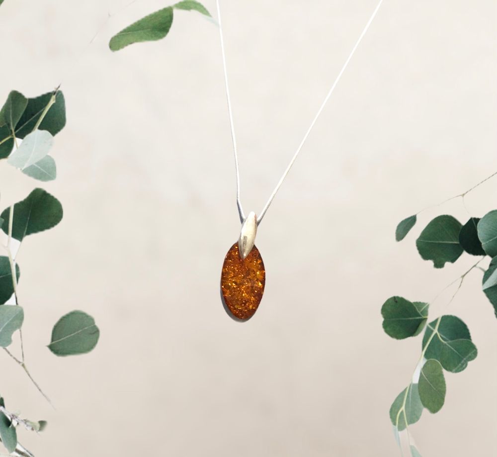 Pendentif Ambre Baltique - Feuille De Cognac - Argent Massif - Pologne
