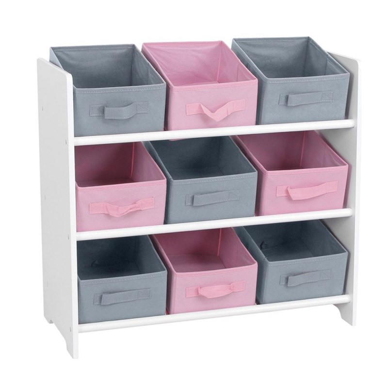 Meuble 9 panières pour enfant rose gris