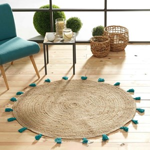 Tapis rond 120 cm jute pompons shira tur
