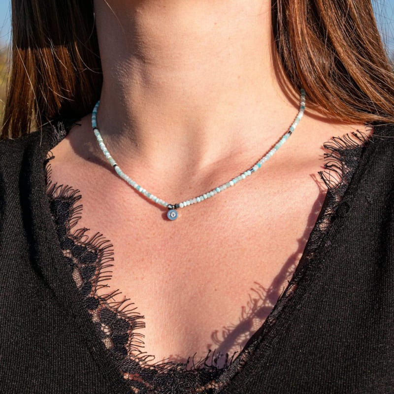 Collier Pendentif Pierre Bleue Naturelle - Cristal & Améthyste - Chaîne Cuir ~20cm - Cadeau Énergétique