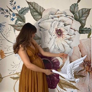 Trophée mural cigogne lin blanc bébé