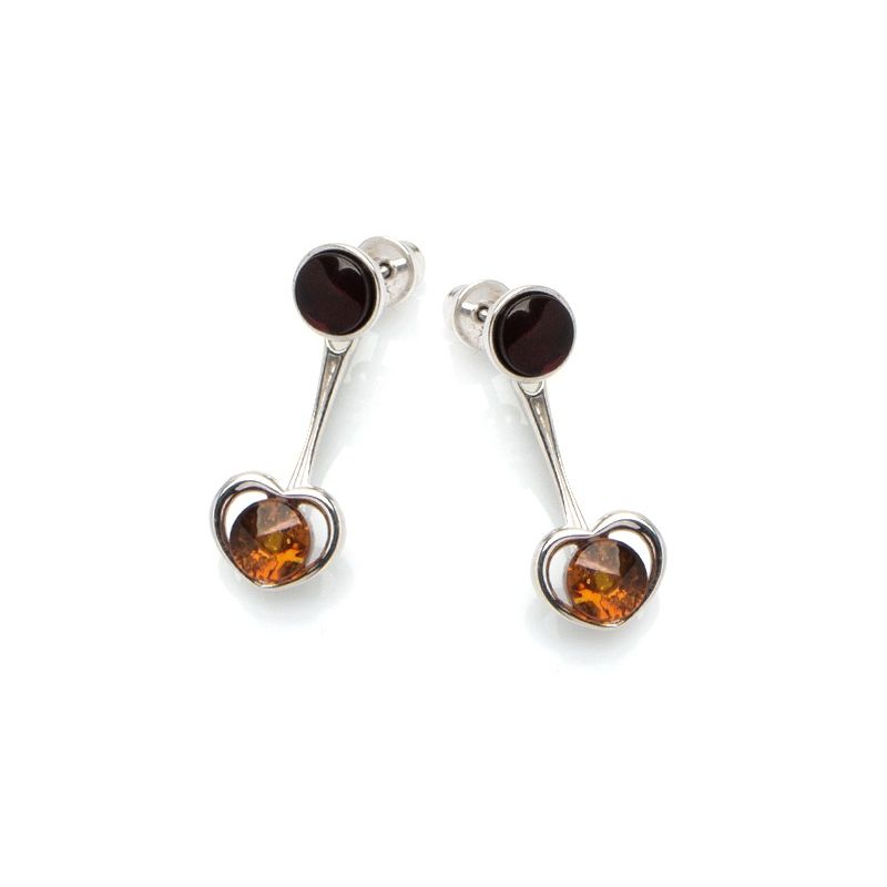 Boucles D'oreilles Clous En Argent Sterling 925 Et Ambre Baltique Cœur - Neuves Pologne