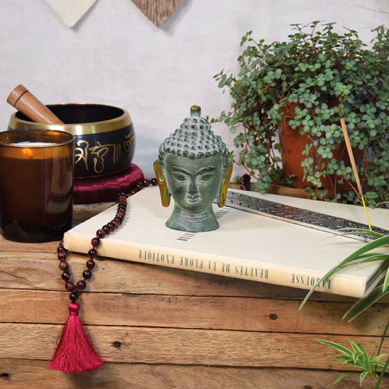 Tête de bouddha laiton vert 11.5 cm