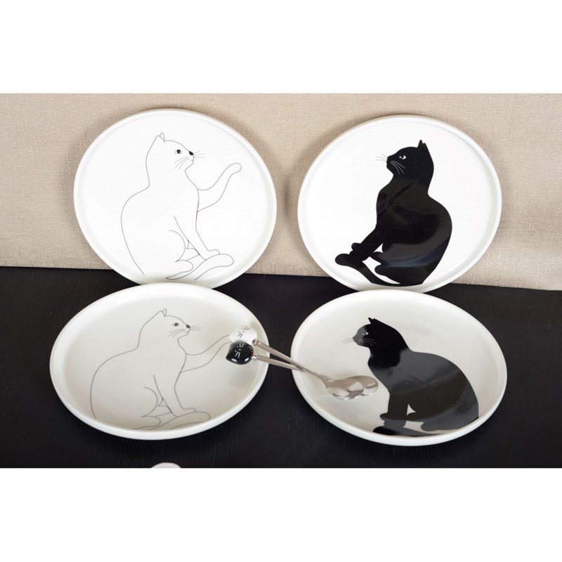Assiettes a dessert chat noir et blanc - lot de 4