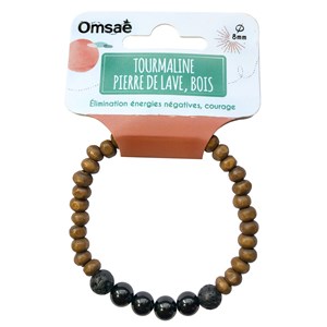 Bracelet perles bois tourmaline lave