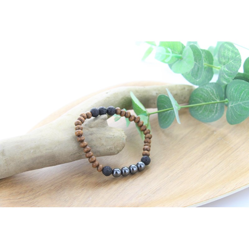 Omsaé - Bracelet perles bois hématite lave
