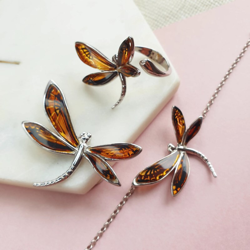 Bracelet libellule ambre, argent