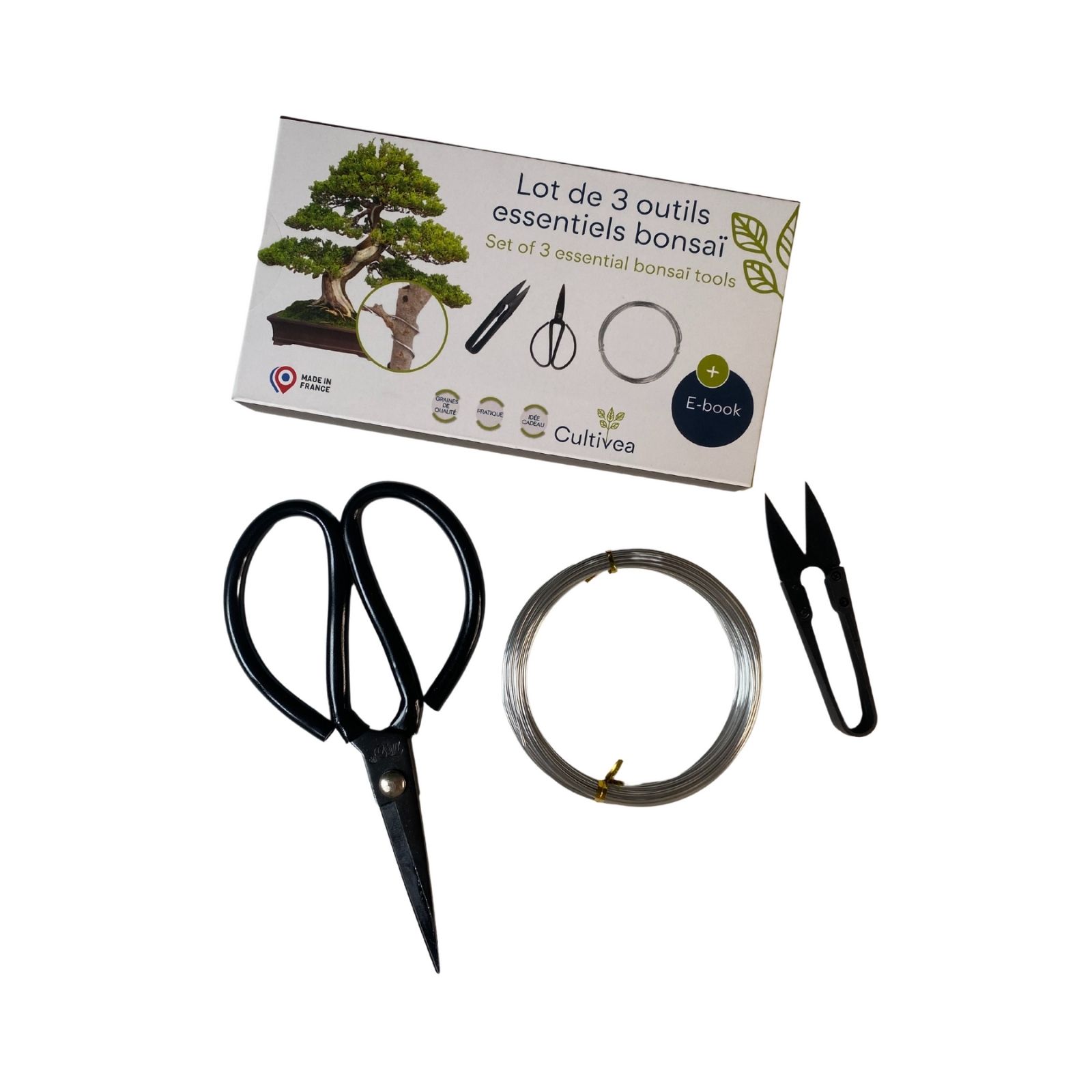 3 outils bonsai (ciseaux, fil aluminium)