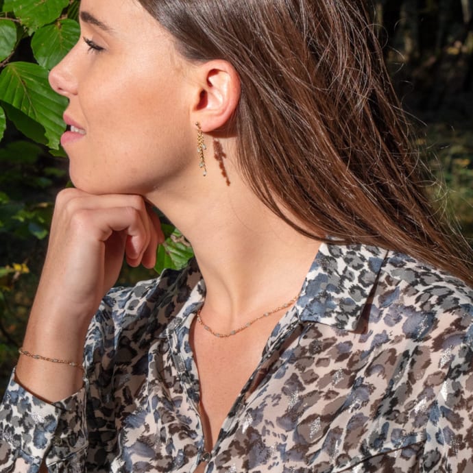 Parure Minimaliste – Collier + Bracelet – Pierres Fines Apatite Bleue – Acier Inoxydable – Neuf Avec étiquettes