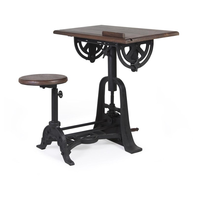 Décoration d'autrefois - Bureau et tabouret bois métal marron 80x