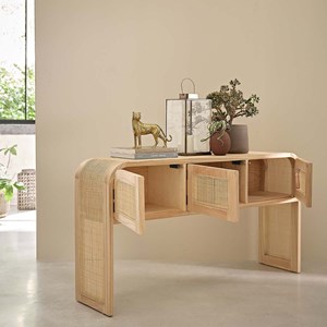 Console en bois de mindi et cannage