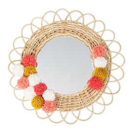 Miroir rond rotin pompons naturel d37