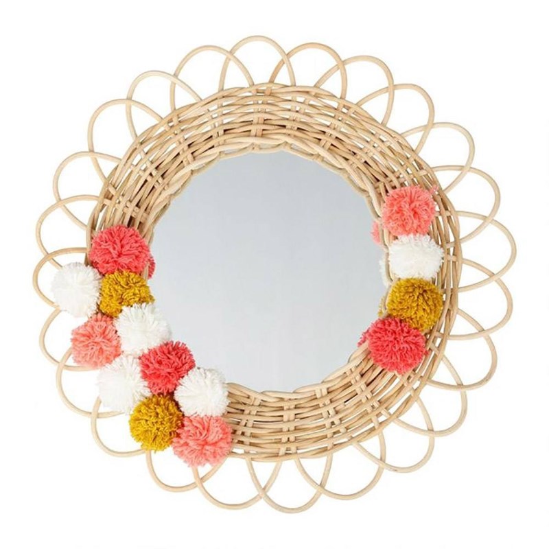 Decoratie - Miroir rond rotin pompons naturel d37